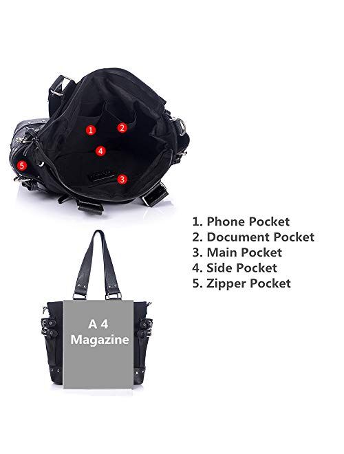 Women Fashion Rivet Handbag Purse Canvas Punk Tote with Shoulder Strap Crossbody Bag Large Capacity Black