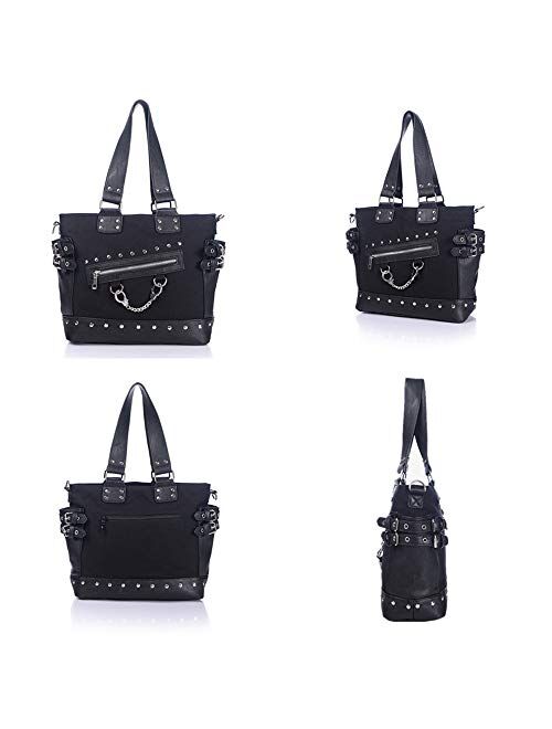 Women Fashion Rivet Handbag Purse Canvas Punk Tote with Shoulder Strap Crossbody Bag Large Capacity Black