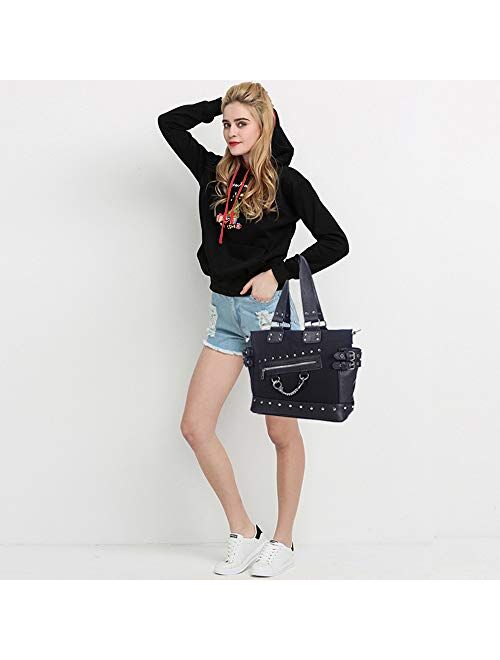 Women Fashion Rivet Handbag Purse Canvas Punk Tote with Shoulder Strap Crossbody Bag Large Capacity Black