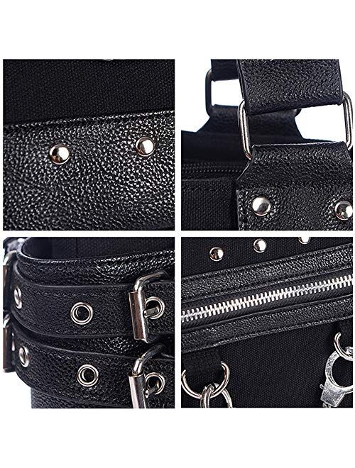 Women Fashion Rivet Handbag Purse Canvas Punk Tote with Shoulder Strap Crossbody Bag Large Capacity Black