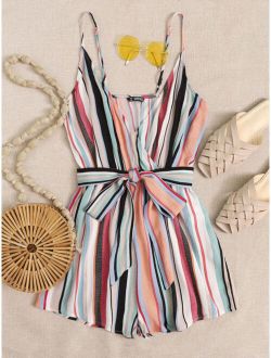 Surplice Wrap Belted Colorful Striped Cami Romper