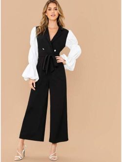Notched Collar Self Belted Lantern Sleeve Palazzo Jumpsuit