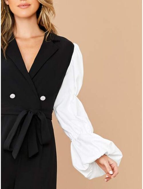 Shein Notched Collar Self Belted Lantern Sleeve Palazzo Jumpsuit