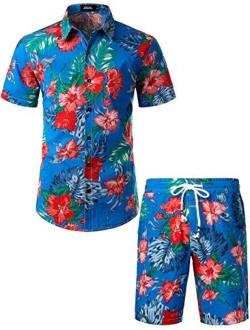 JOGAL Men's Flower Casual Button Down Short Sleeve Hawaiian Shirt Suits