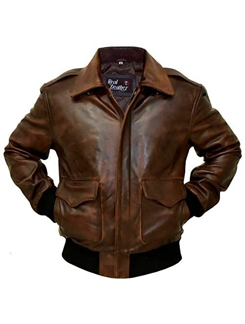 Men's RAF Bomber A-2 Aviator WWII Pilot Police Military Real Leather Jacket (Brown - A2 Aviator Jacket, 3XL/Body Chest 48" to 50")