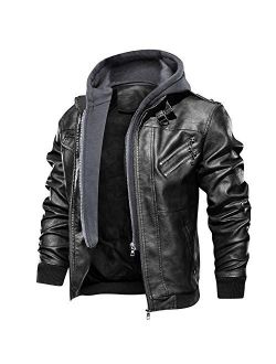 FEDTOSING Men's Faux Leather Jacket Retro Zip-UP Motorcycle Jackets with Removable Hood