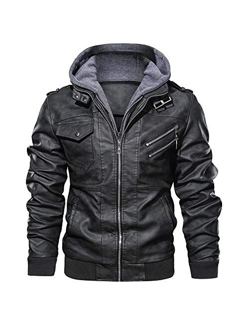 FEDTOSING Men's Faux Leather Jacket Retro Zip-UP Motorcycle Jackets with Removable Hood