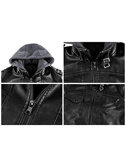 FEDTOSING Men's Faux Leather Jacket Retro Zip-UP Motorcycle Jackets with Removable Hood