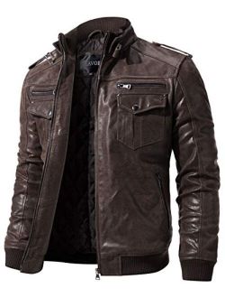 FLAVOR Men Biker Retro Brown Leather Motorcycle Jacket Genuine Leather Jacket