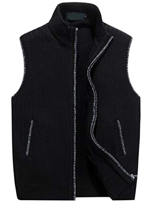 chouyatou Men's Gentle Band Collar Zipper Slim Sleeveless Cable Knitted Cardigan Vests Sweater