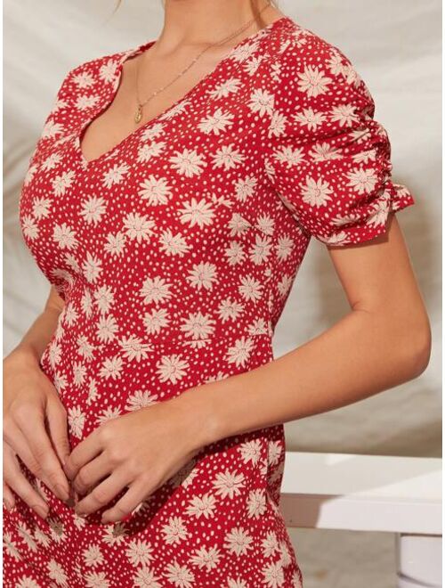 Shein Floral Print V-neck Gathered Sleeve Jumpsuit