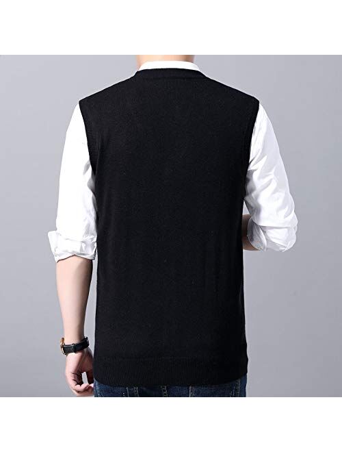 Flygo Men's Basic V-Neck Wool Sweater Vest Knitwear with Button Front Pockets