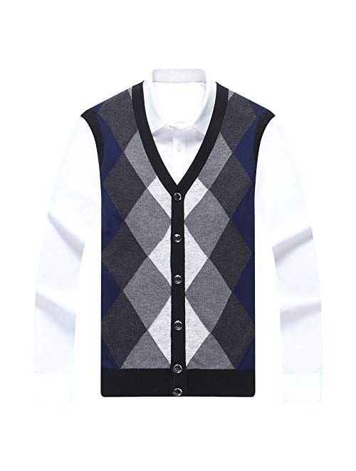 Flygo Men's Basic V-Neck Wool Sweater Vest Knitwear with Button Front Pockets