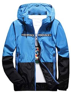 Rexcyril Men's Windbreaker Hooded Jacket Lightweight Casual Zip-up Bomber Coat Letter Outwear