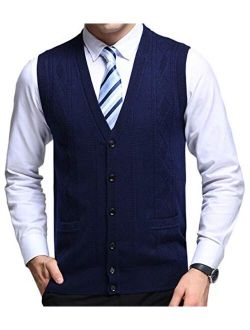 Men's V-Neck Jacquard Lightweight Wool Knitwear Vest Sweater Waistcoat Pocket