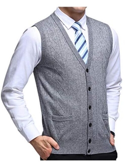 Men's V-Neck Jacquard Lightweight Wool Knitwear Vest Sweater Waistcoat Pocket