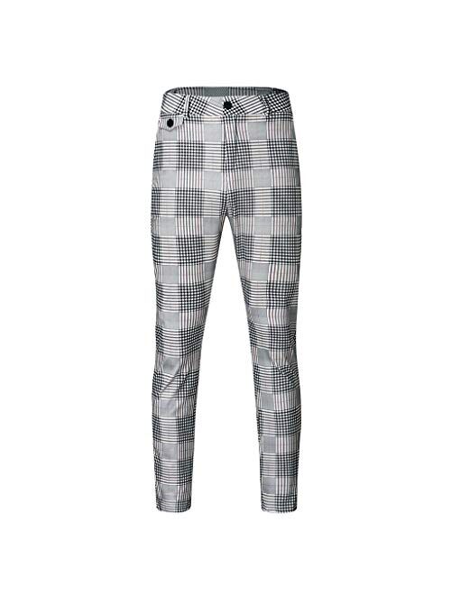 Men Casual Plaid Pants Stretch Flat-Front Skinny Dress Elastic Waist Long Pencil Pants Trousers