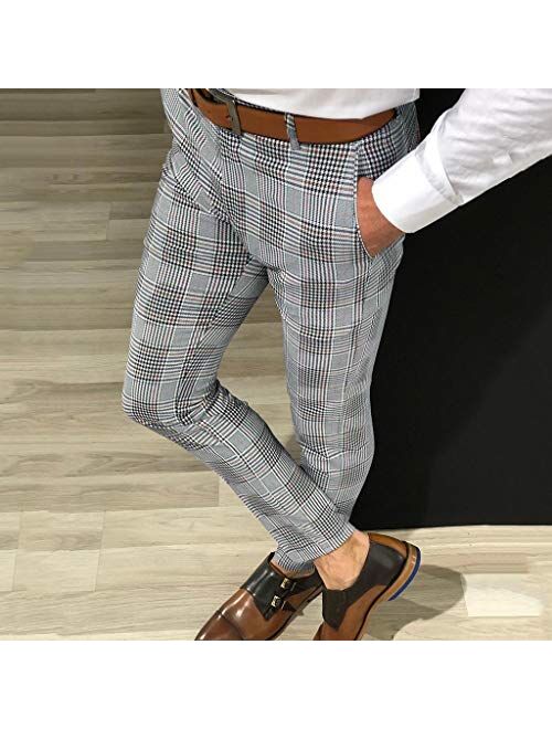 Men Casual Plaid Pants Stretch Flat-Front Skinny Dress Elastic Waist Long Pencil Pants Trousers