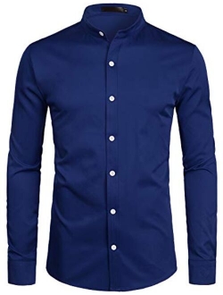 Hipster Solid Slim Fit Long Sleeve No Collar Dress Shirts