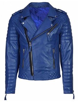 New Fashion Style Mens Leather Jackets Motorcycle Bomber Biker Blue Real Leather Jacket Men