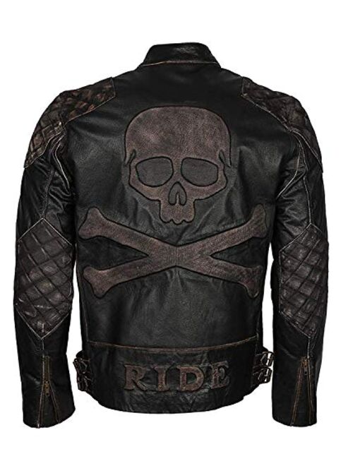 Mens Exclusive Skull Distressed Brown Real Leather Biker Jacket
