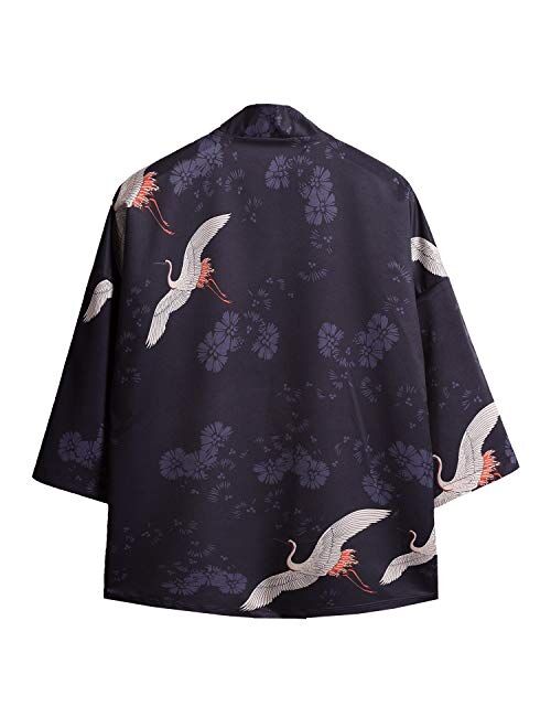 PRIJOUHE Men's Kimono Cardigan Jacket Japanese Style Flying Crane Seven Sleeves Open Front Coat