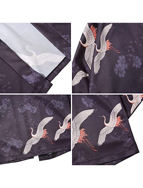 PRIJOUHE Men's Kimono Cardigan Jacket Japanese Style Flying Crane Seven Sleeves Open Front Coat