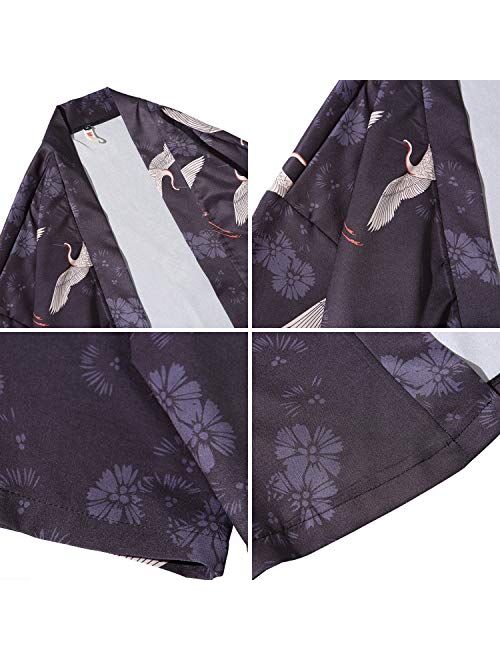 PRIJOUHE Men's Kimono Cardigan Jacket Japanese Style Flying Crane Seven Sleeves Open Front Coat
