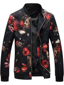 HENGAO Men's Stylish Flowers Print Zipper Front Bomber Jacket