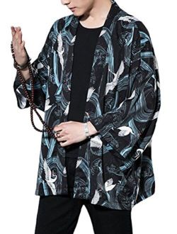 Lavnis Men's Kimono Cardigan Casual Cotton Linen Seven Sleeves Open Front Coat