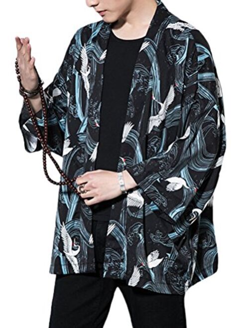 Lavnis Men's Kimono Cardigan Casual Cotton Linen Seven Sleeves Open Front Coat