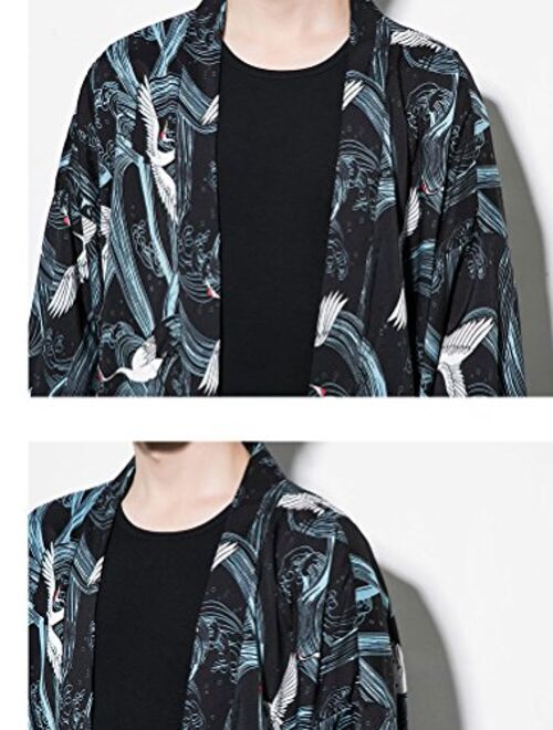 Lavnis Men's Kimono Cardigan Casual Cotton Linen Seven Sleeves Open Front Coat