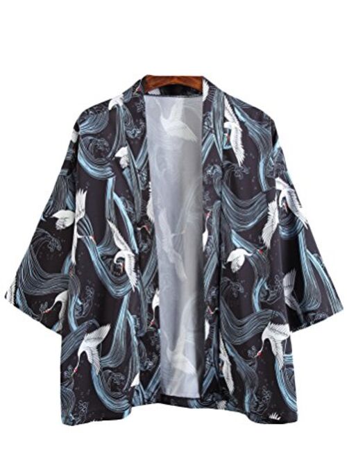 Lavnis Men's Kimono Cardigan Casual Cotton Linen Seven Sleeves Open Front Coat