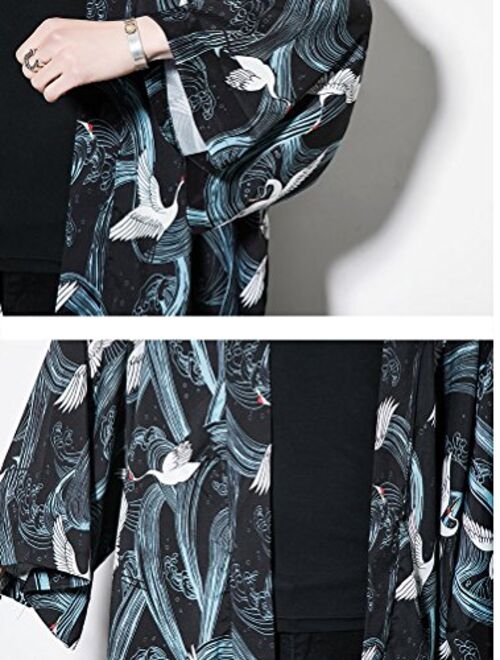 Lavnis Men's Kimono Cardigan Casual Cotton Linen Seven Sleeves Open Front Coat
