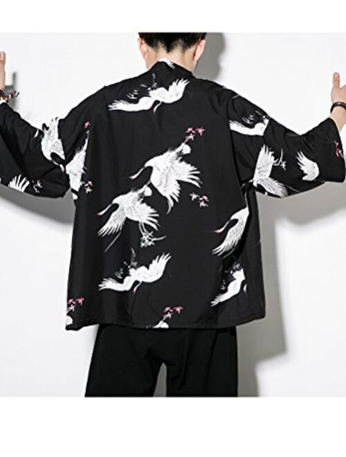 Lavnis Men's Kimono Cardigan Casual Cotton Linen Seven Sleeves Open Front Coat