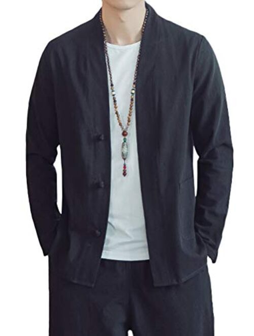 Lavnis Men's Kimono Cardigan Casual Cotton Linen Long Sleeves Open Front Coat
