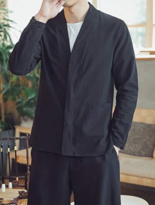 Lavnis Men's Kimono Cardigan Casual Cotton Linen Long Sleeves Open Front Coat