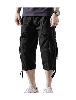 DONGD Mens Cargo Shorts Cotton 3/4 Loose Fit Below Knee Capri Cargo Short