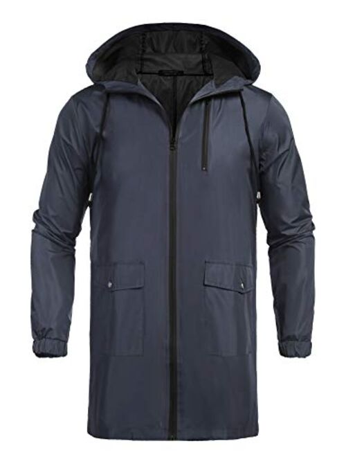 COOFANDY Men's Waterproof Hooded Rain Jacket Lightweight Windproof Active Outdoor Long Raincoat