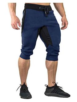 FASKUNOIE Men's Cotton Casual Shorts 3/4 Jogger Capri Pants Breathable Below Knee Home Lounge Short Pants with Three Pockets
