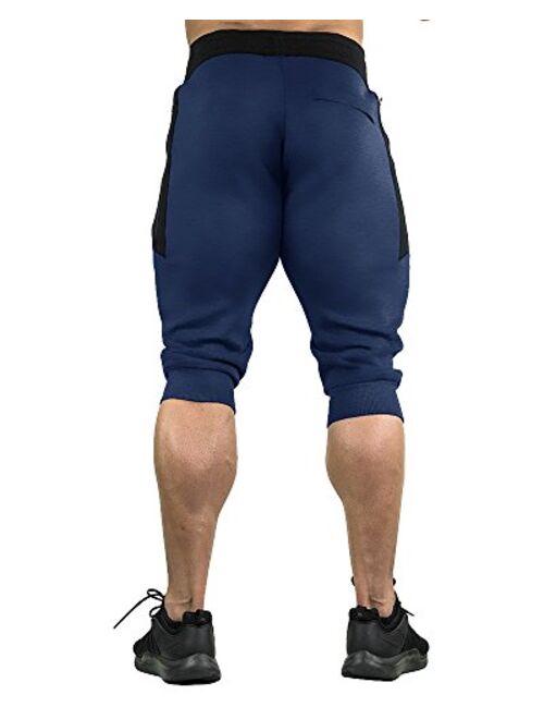 FASKUNOIE Men's Cotton Casual Shorts 3/4 Jogger Capri Pants Breathable Below Knee Home Lounge Short Pants with Three Pockets