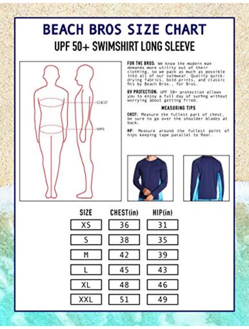 Beach Bros. Men's UPF 50+ Swim Shirt - Long Sleeve Quick Dry Rashguard