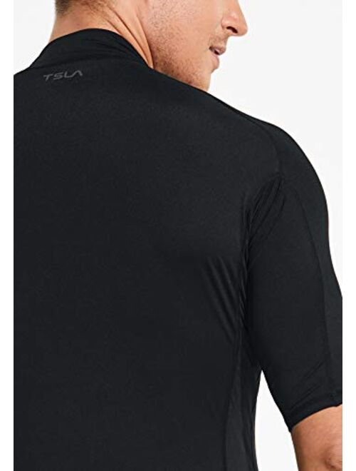 TSLA Men's Rash Guard Swim Shirts, UPF 50+ Quick Dry Mid/Short Sleeve Swimming Shirt, UV/SPF Water Surf Shirts