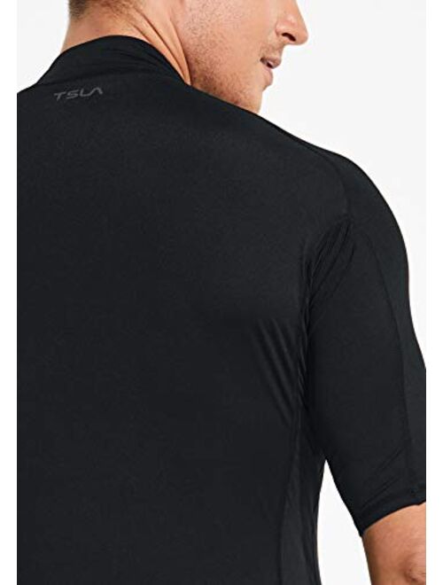TSLA Men's Rash Guard Swim Shirts, UPF 50+ Quick Dry Mid/Short Sleeve Swimming Shirt, UV/SPF Water Surf Shirts