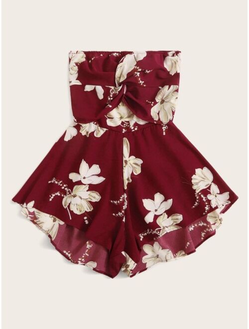 Shein Floral Print Twist Front Tie Back Bandeau Jumpsuit