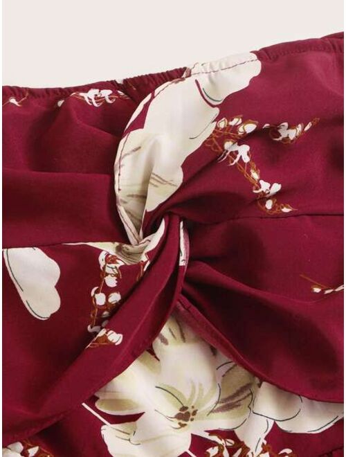 Shein Floral Print Twist Front Tie Back Bandeau Jumpsuit