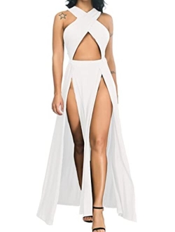 Velius Women Sexy Hollow Out Halter Wrap Sleeveless Plain Pleated Slit Casual Long Maxi Dress