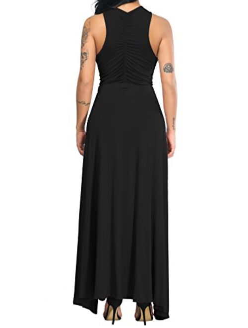 Velius Women Sexy Hollow Out Halter Wrap Sleeveless Plain Pleated Slit Casual Long Maxi Dress