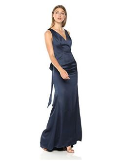 Women's Sleevelss Faux Wrap Bodice Light Satin High Slit Dress