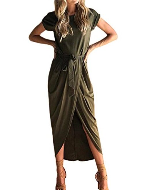 YMING Women Summer Casual High Waist Midi Dress Solid Color Wrap Faux Dress with Belt